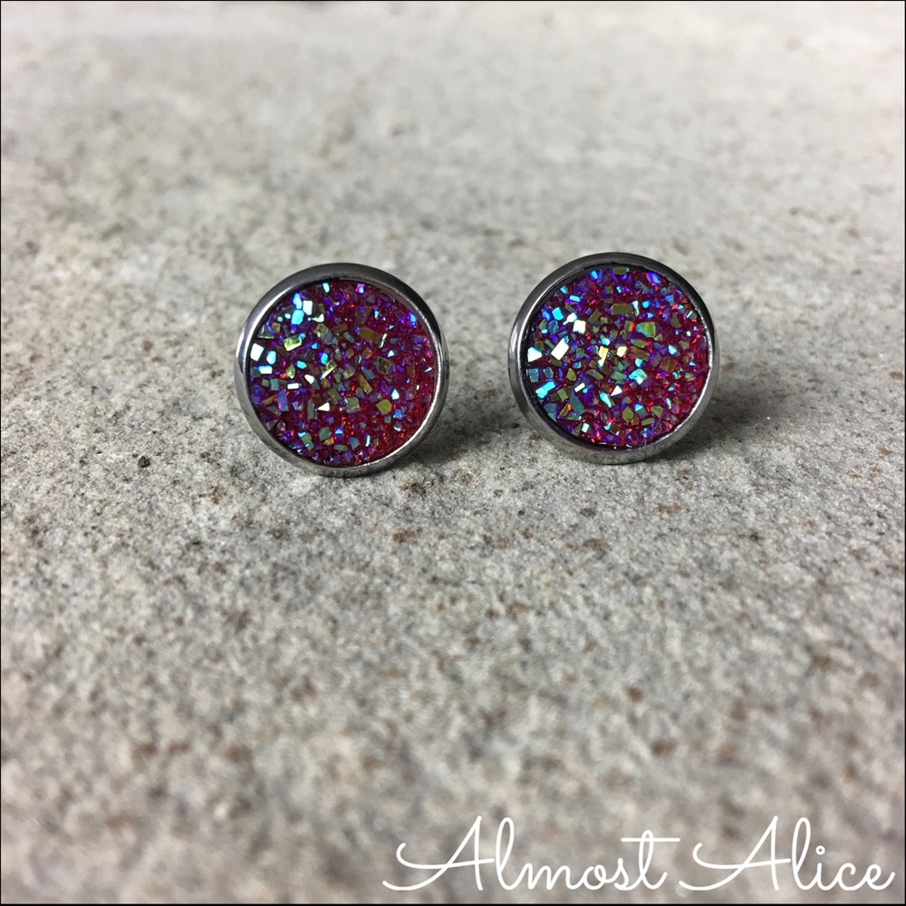 Large Round Druzy Stud Earrings-Pink (1 pair)